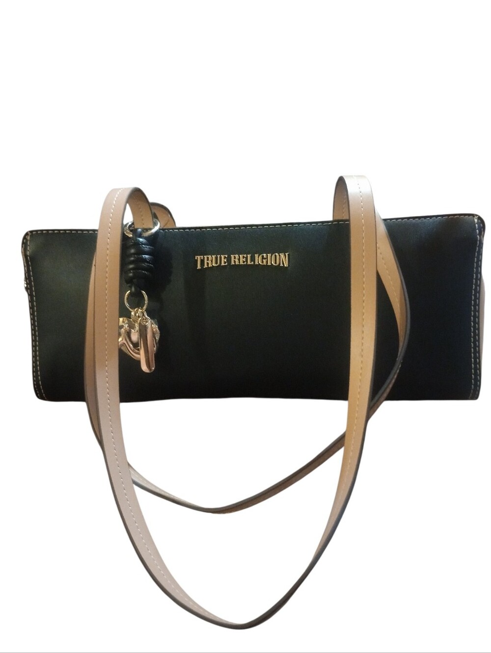 True Religion Black Shoulder Bag with Tan Straps and Gold Logo, NWT